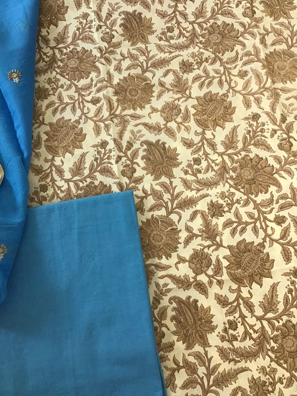 Pure Cotton Printed Embroidered Dupatta Suit - BeigeBlue