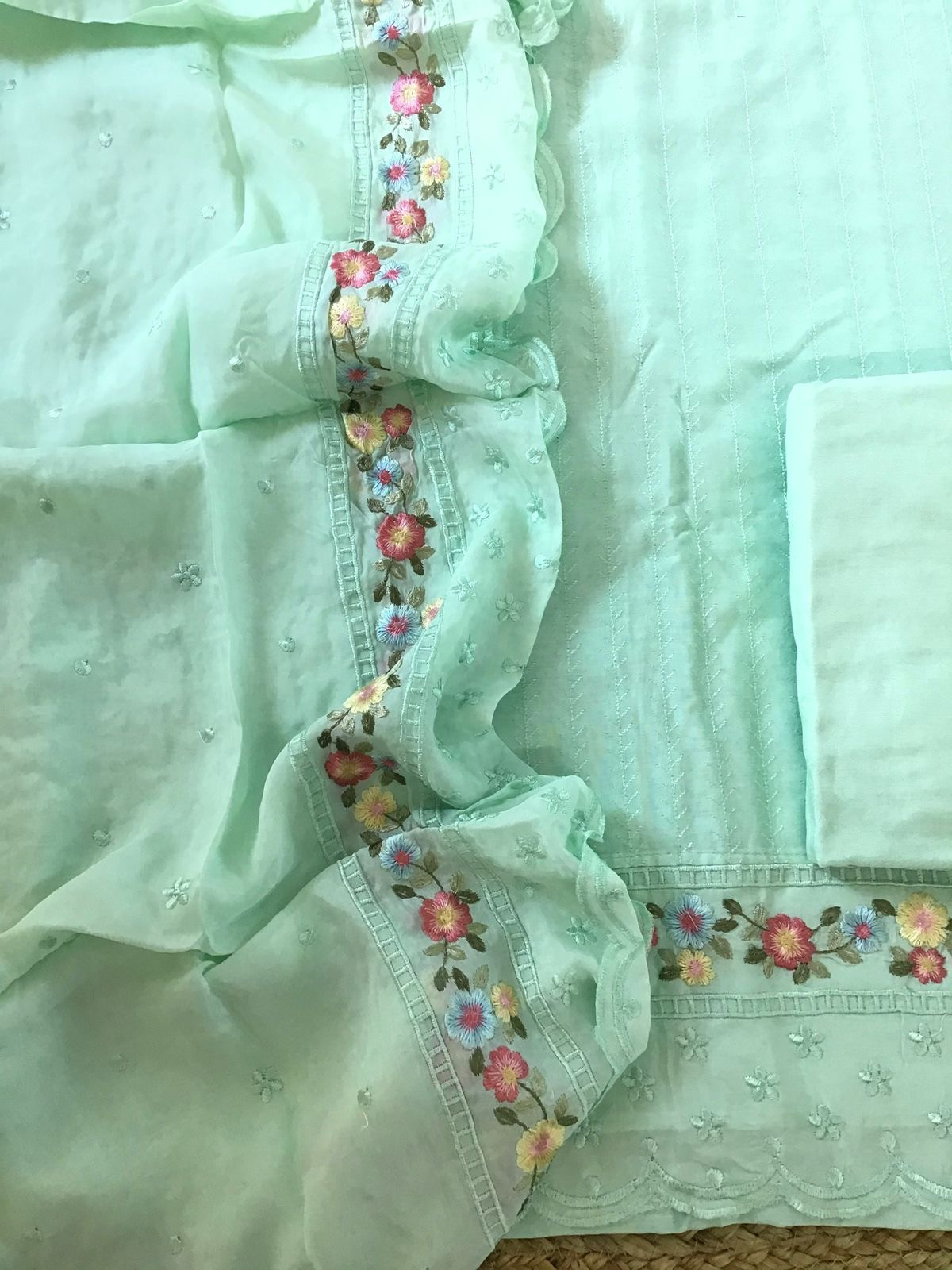 Pure Chanderi Embroidered Suit - Green