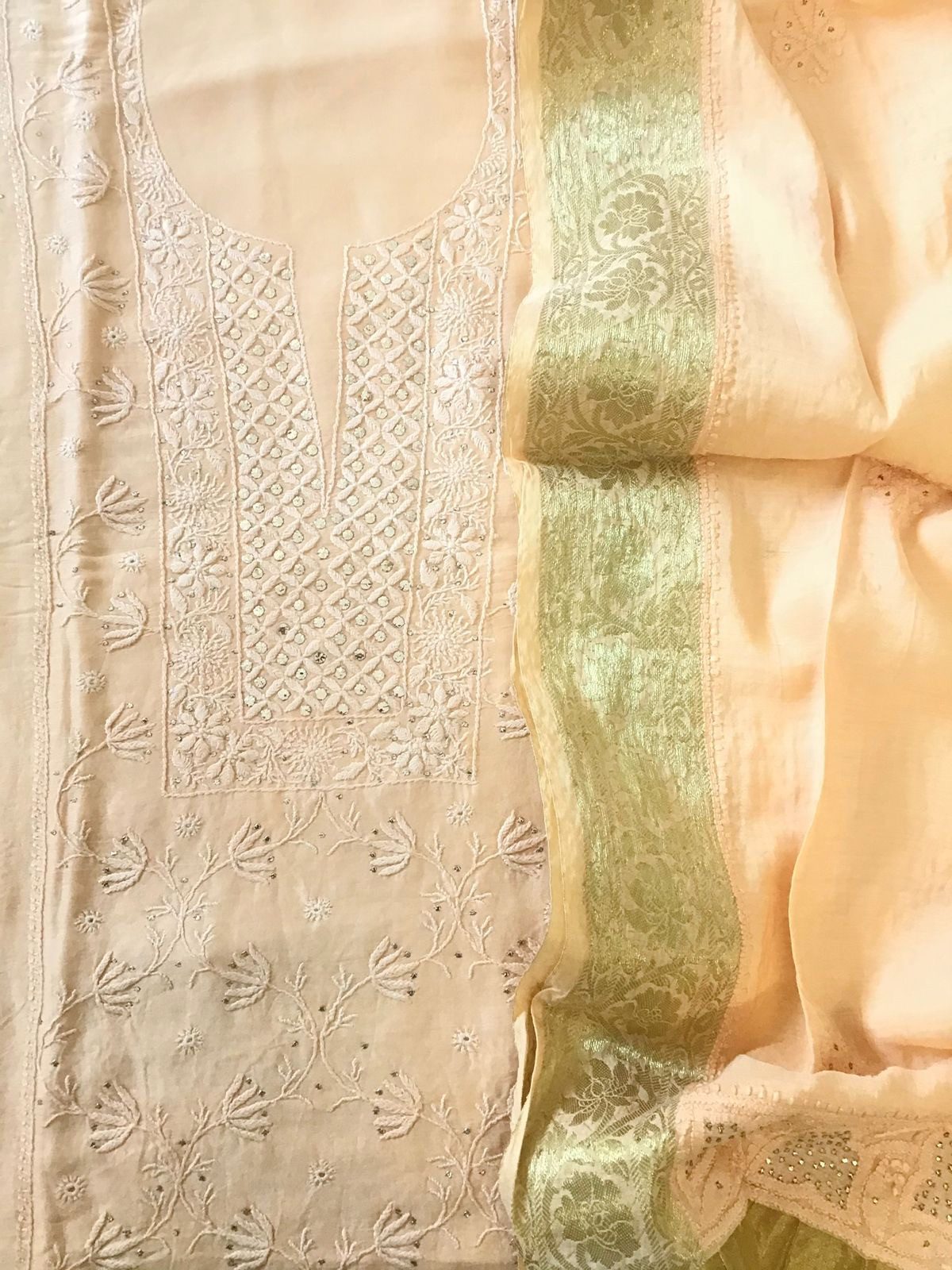 Pure Chanderi Chikankari Embroidered Suit - Light Peach