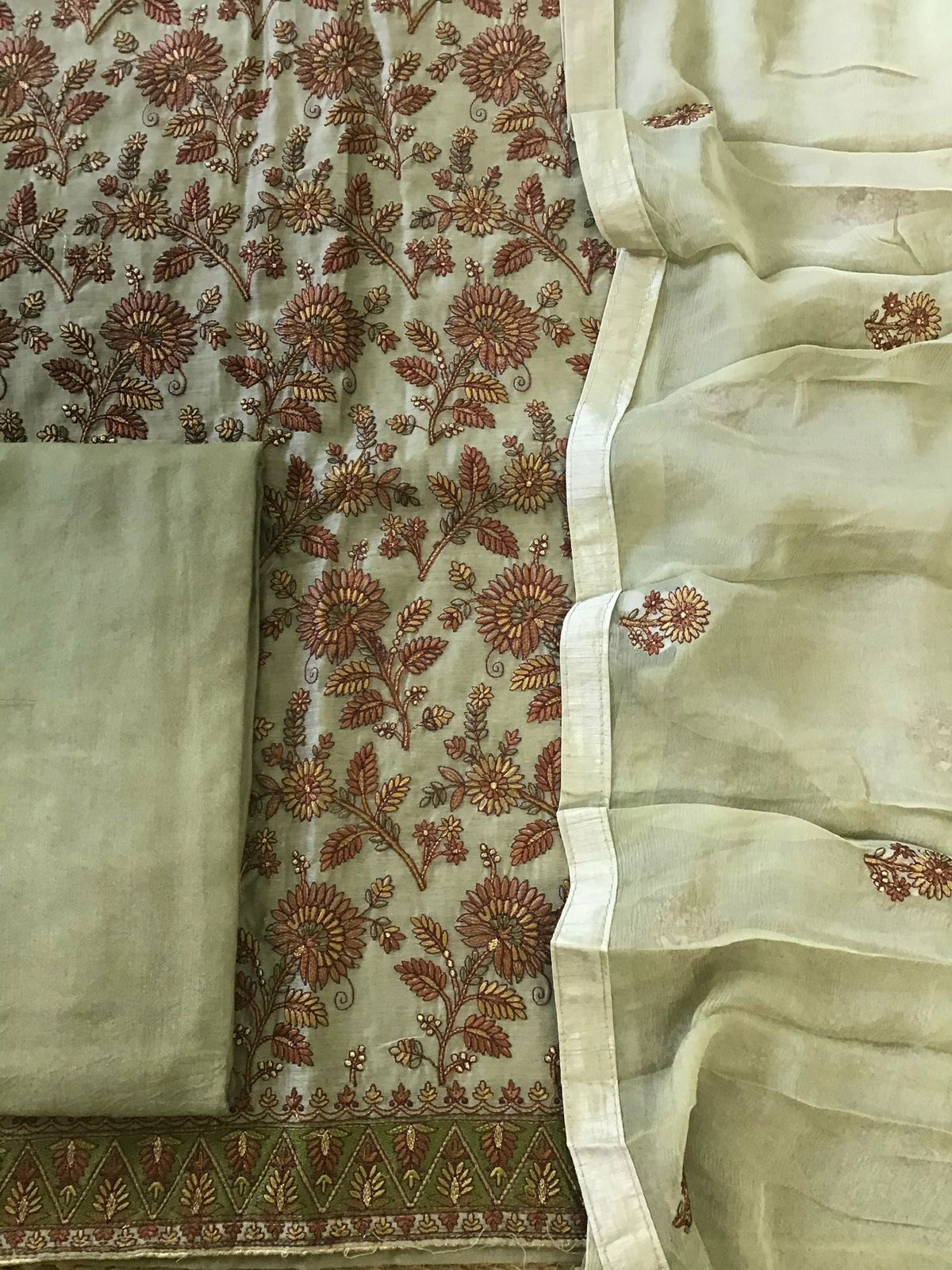 Pure Chanderi Embroidered Suit - Green