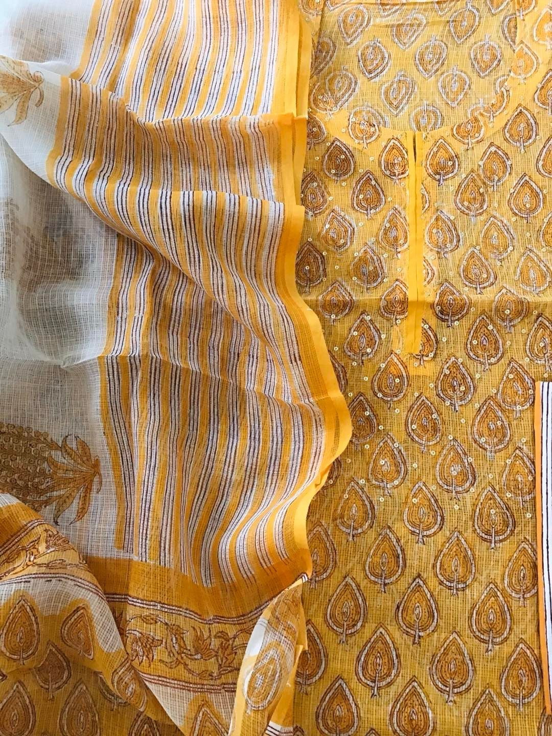 Pure Kota Cotton Printed Embroidered Suit - Yellow