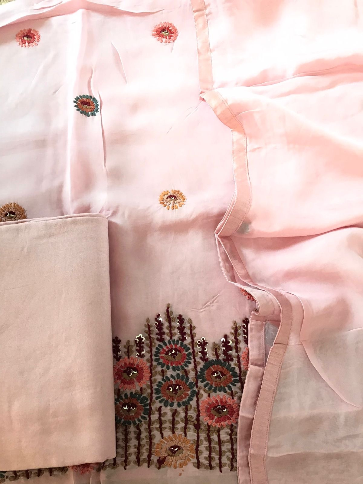 Pure Organza Silk Embroidered Suit - Pink