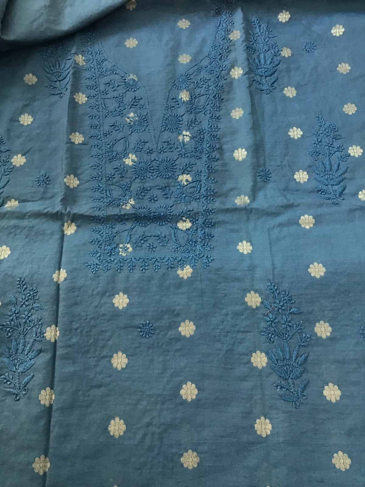 Pure Chanderi Chikankari Embroidered Suit - Blue