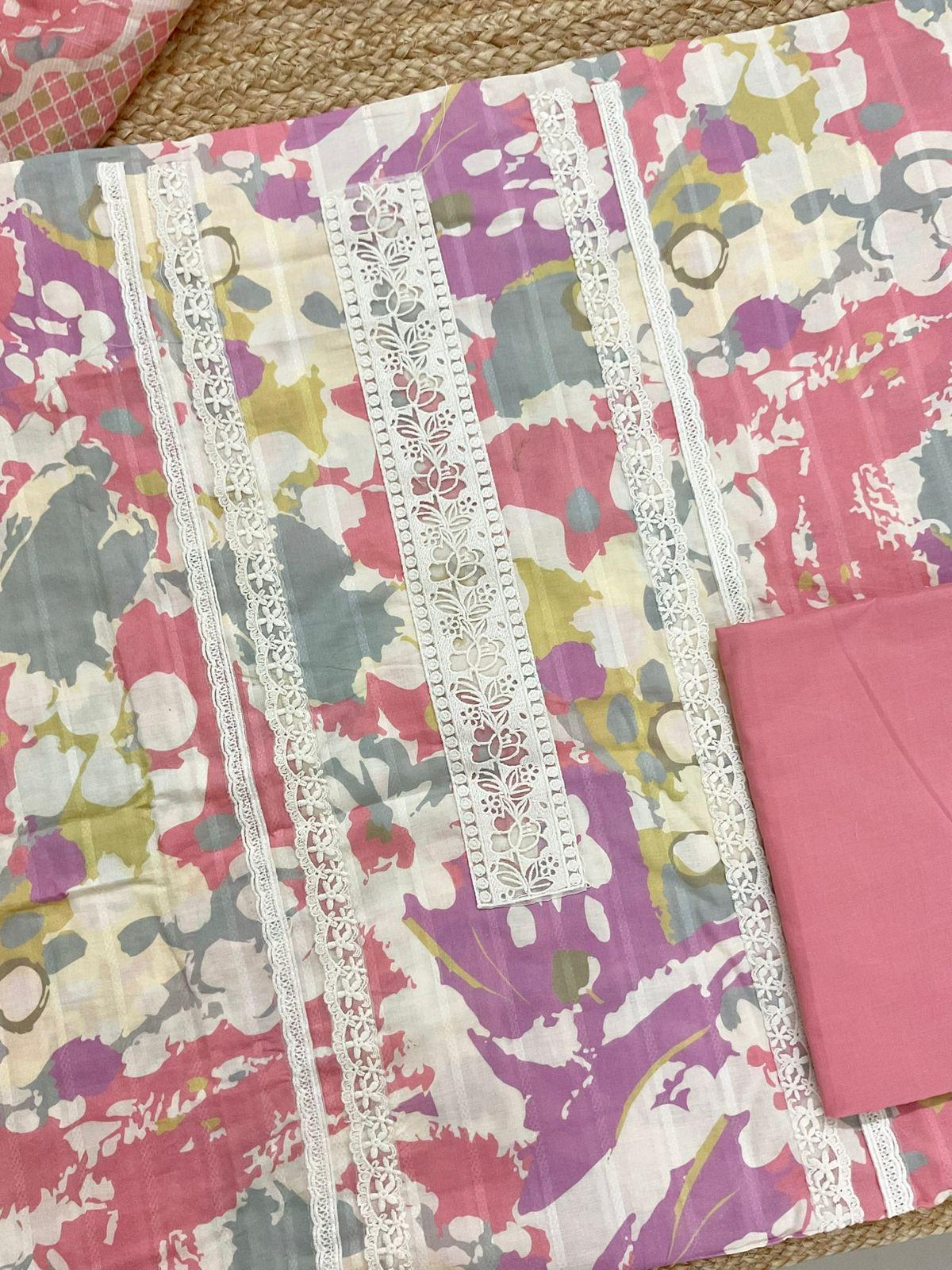 Pure Cotton Printed Embroidered Suit - Pink
