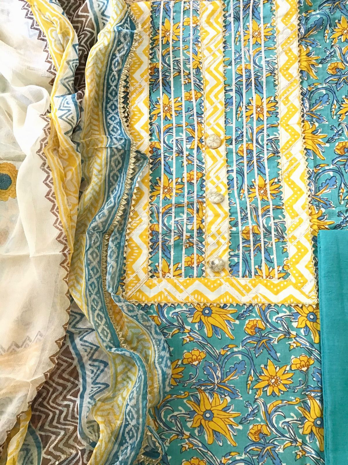 Pure Cotton Printed Embroidered Suit - Blue