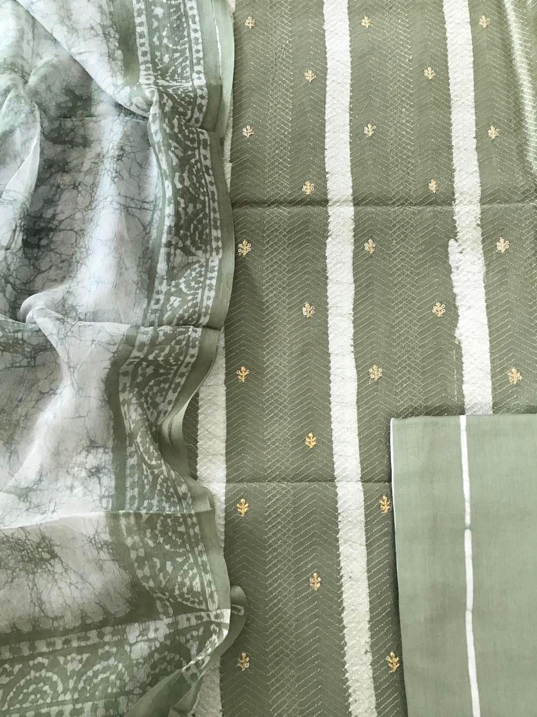 Pure Chanderi Silk Printed Embroidered Suit - Green