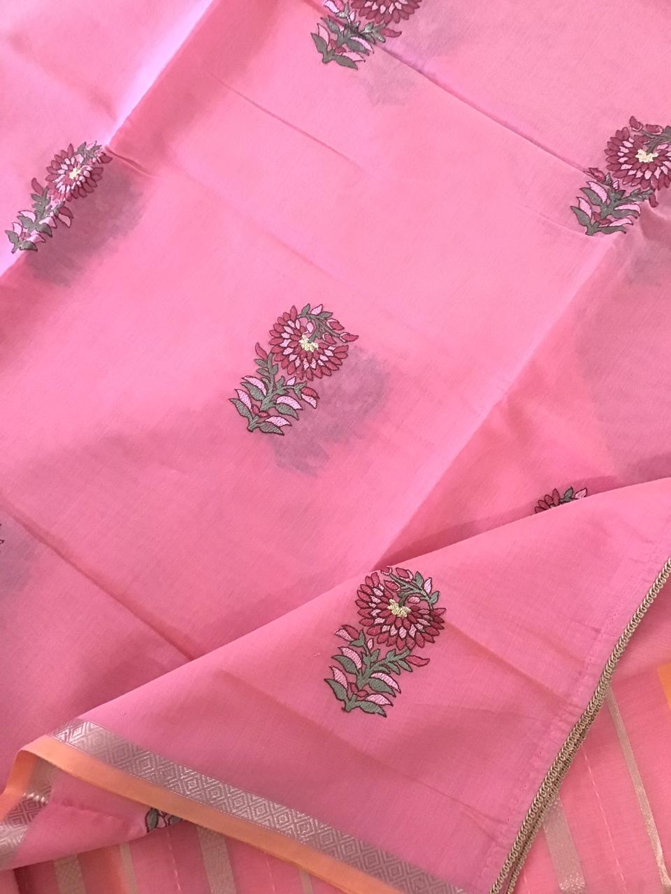 Pure Chanderi Silk Banarasi Weaved Embroidered Suit - Pink