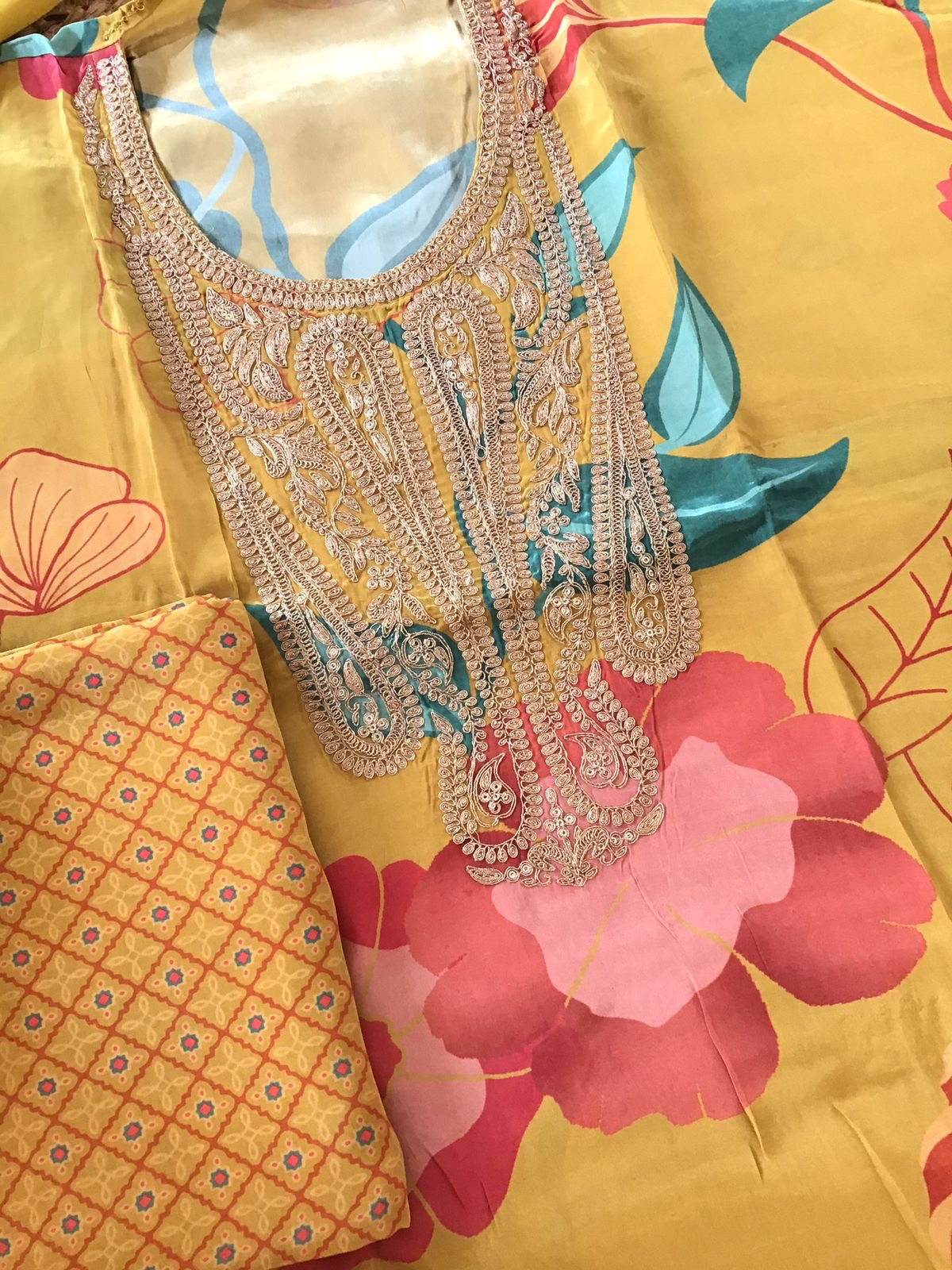 Pure Muslin Silk Printed Embroidered Suit - Yellow