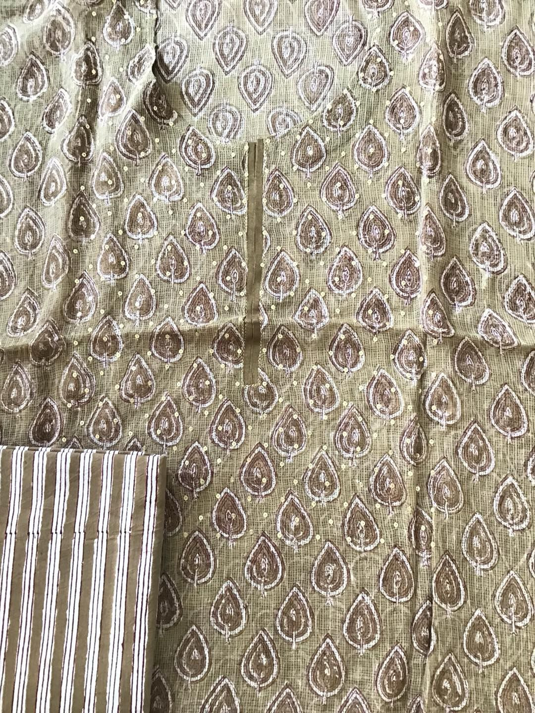 Pure Kota Cotton Printed Embroidered Suit - Beige