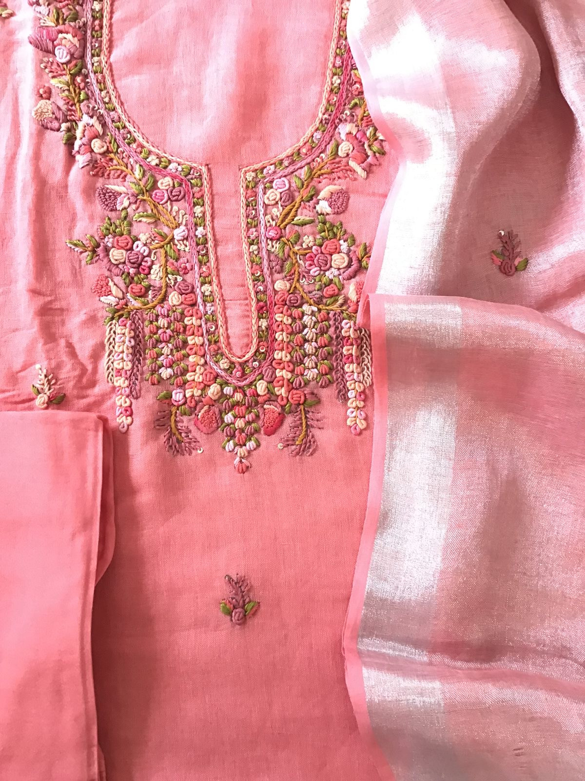 Pure Linen Jute Cotton Embroidered Suit - Pink