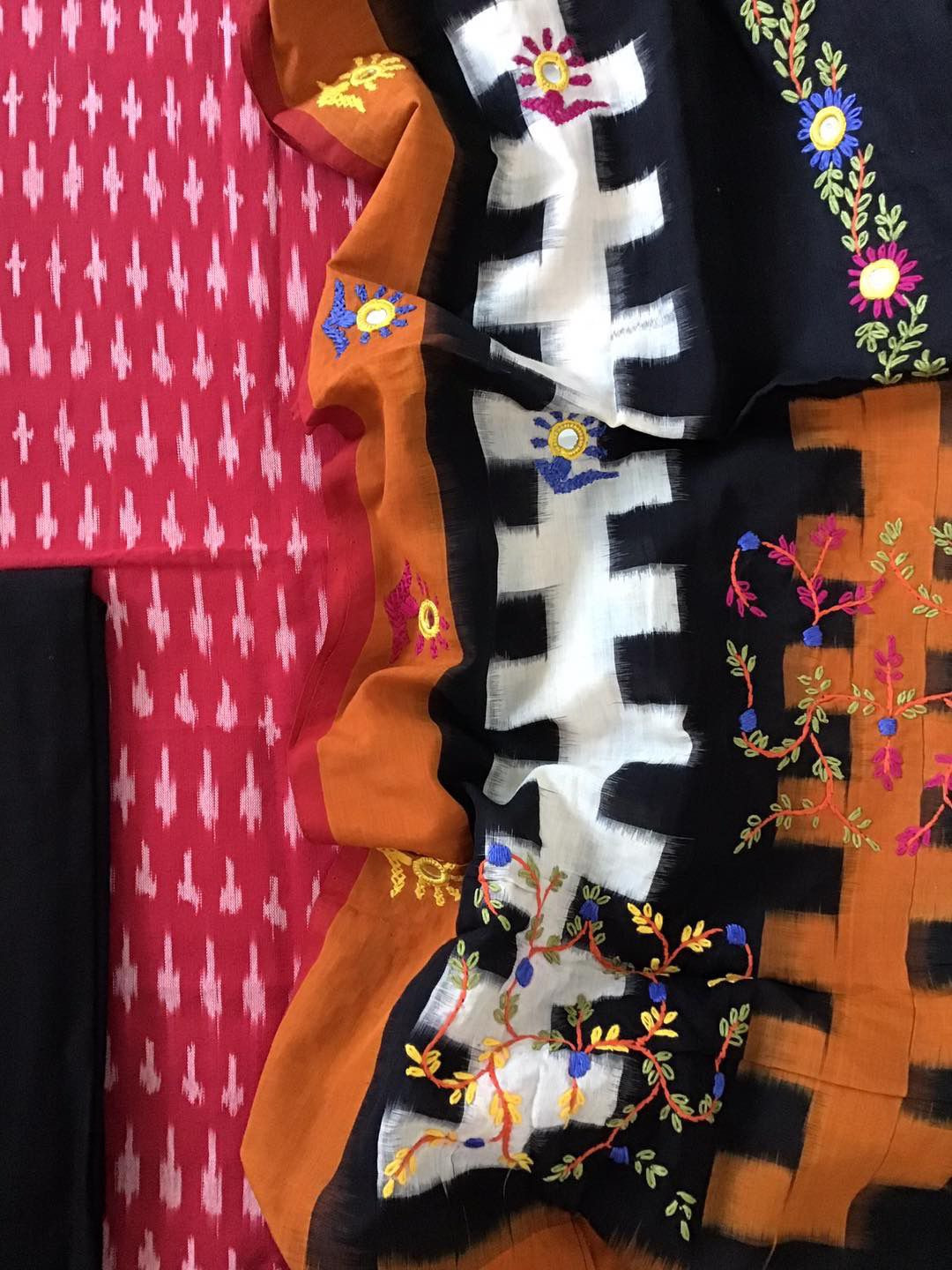 Pure Ikkat Cotton Embroidered Dupatta Suit - Red