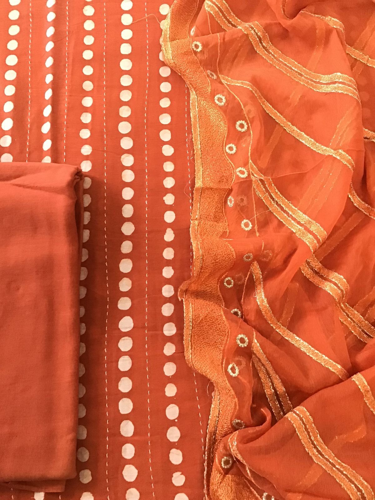 Pure Chanderi Printed Embroidered Suit - Orange