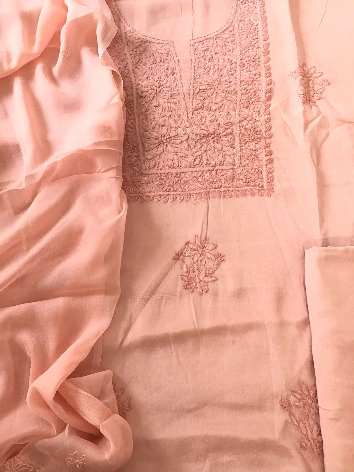 Pure Chinnon Silk Embroidered Suit - Peach
