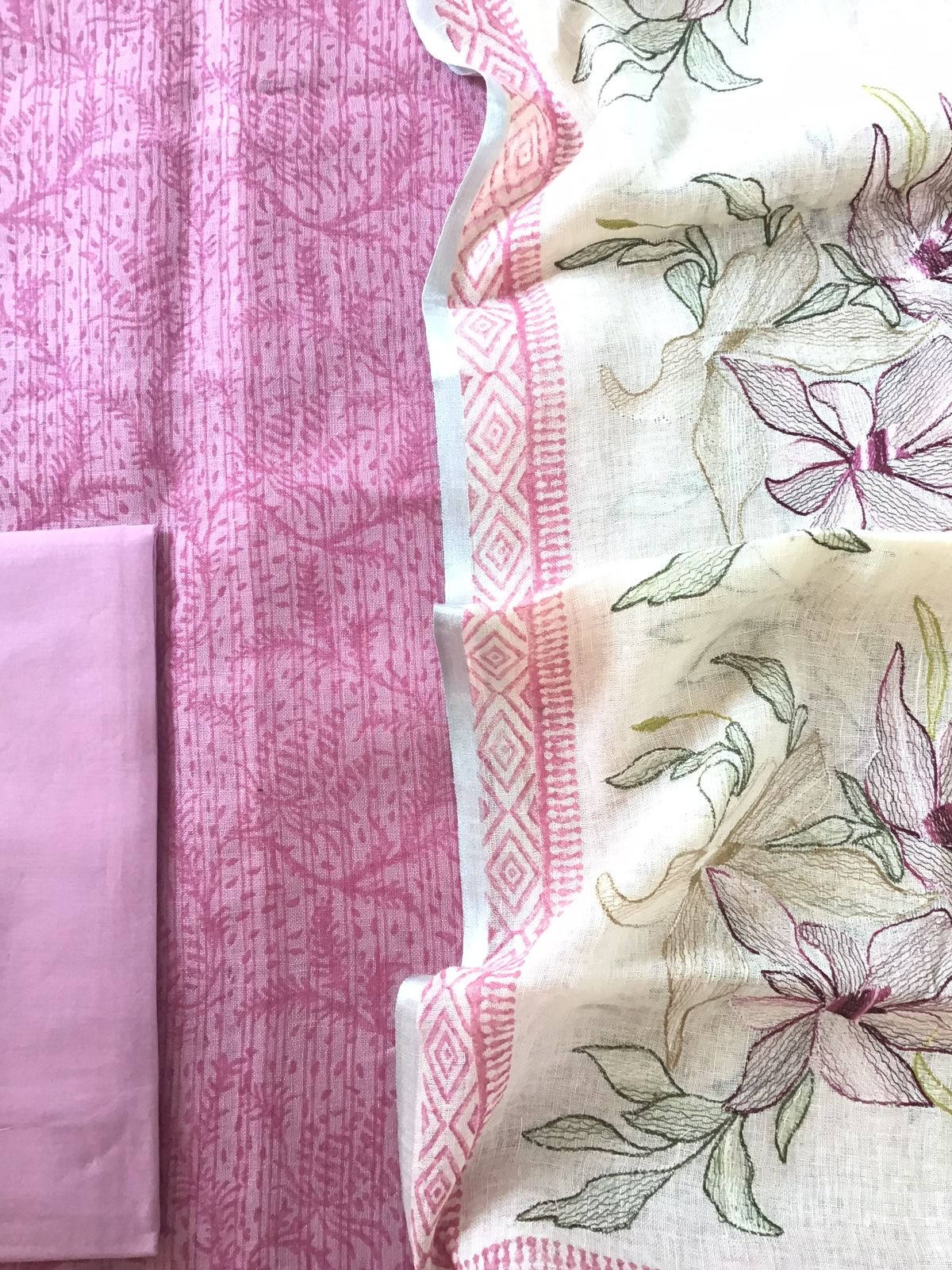 Pure Linen Jute Cotton Printed Embroidered Suit - Pink