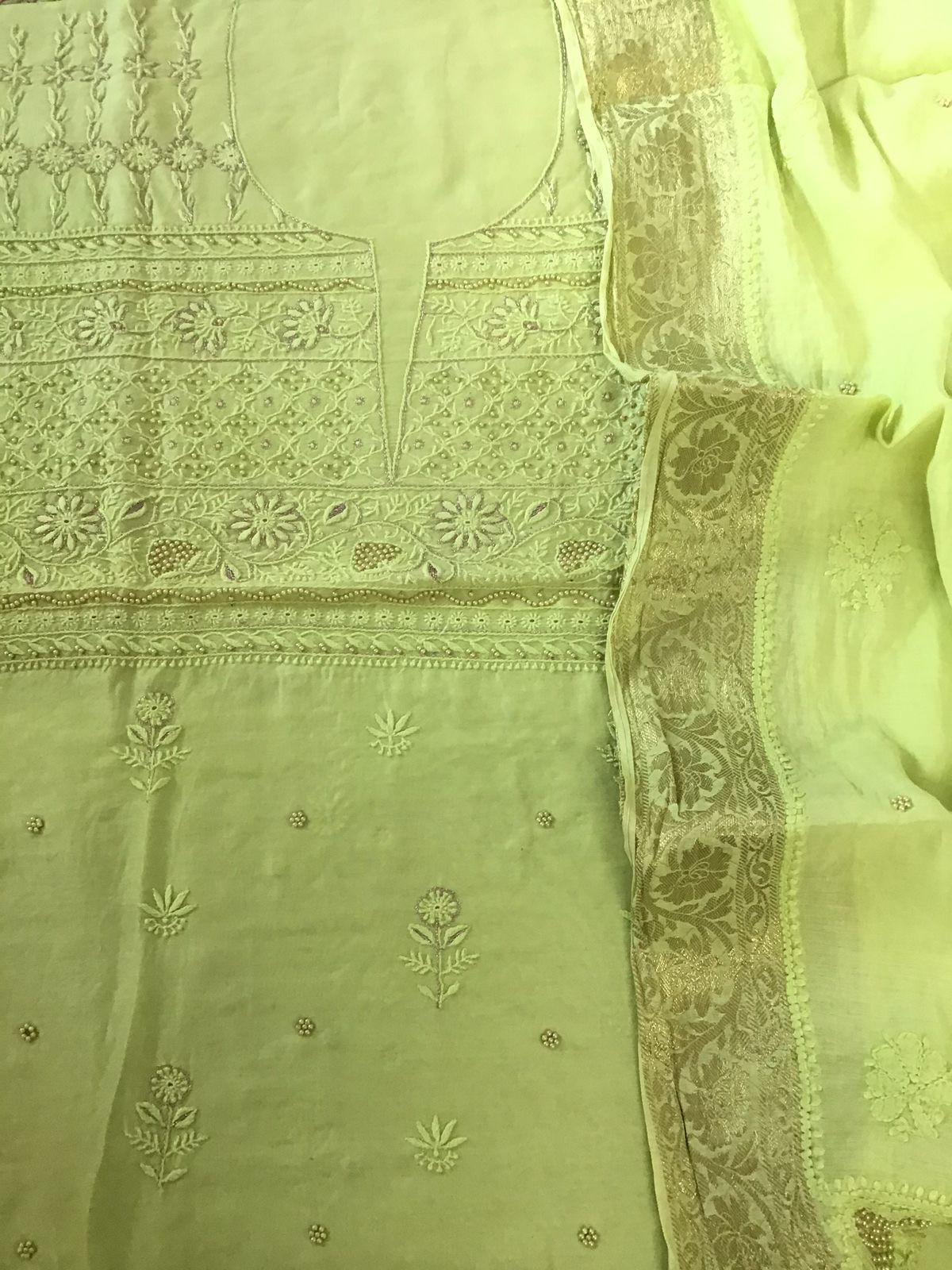 Pure Chanderi Chikankari Embroidered Suit - Lime