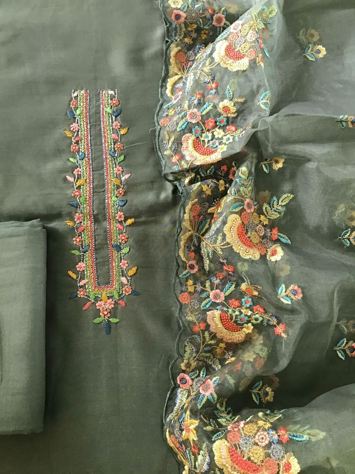 Pure Chanderi Silk Embroidered Suit - Grey