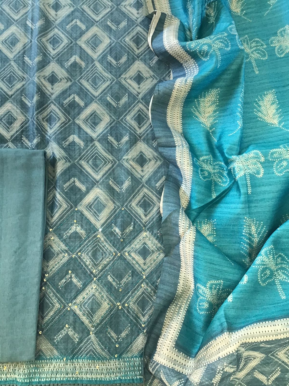 Soft Kora Chanderi Silk Printed Embroidered Suit - Grey