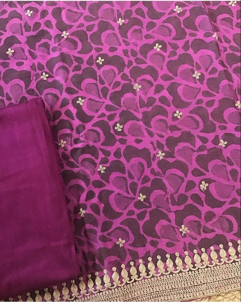 Pure Maheshwari Silk Printed Embroidered Suit - Purple