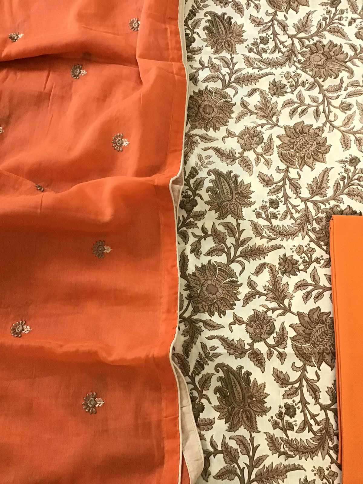 Pure Cotton Printed Embroidered Dupatta Suit - BeigeOrange