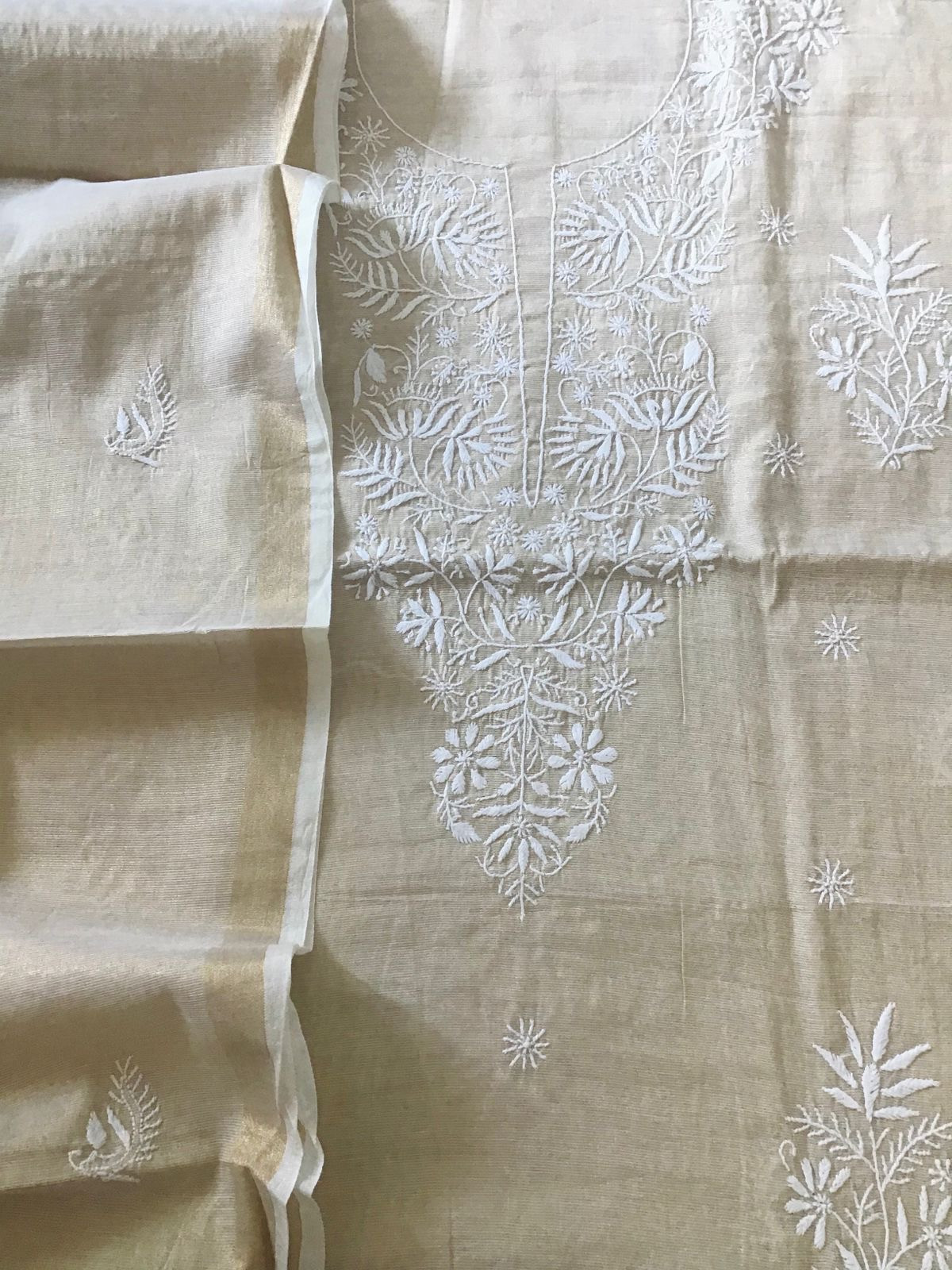 Pure Tissue Chanderi Chikankari Embroidered Suit - Beige