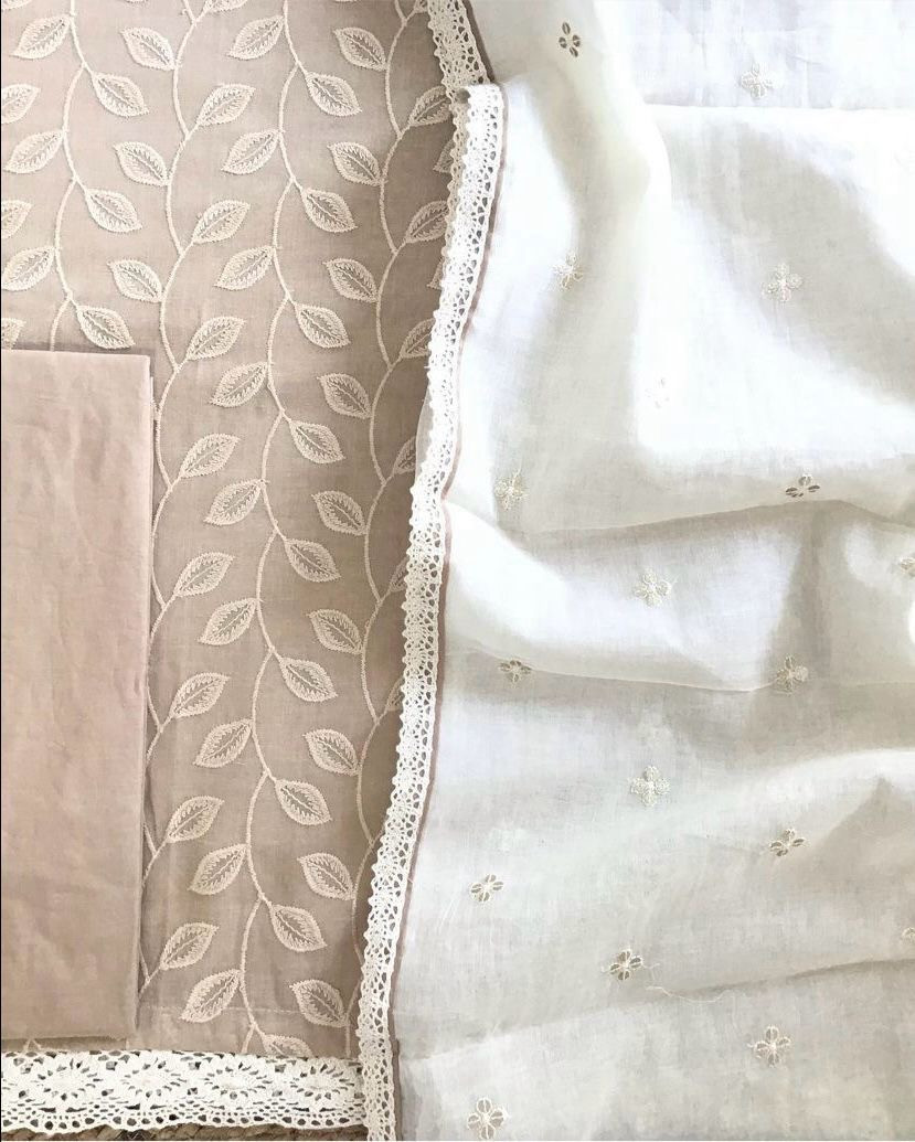 Pure Cotton Embroidered Suit - Beige