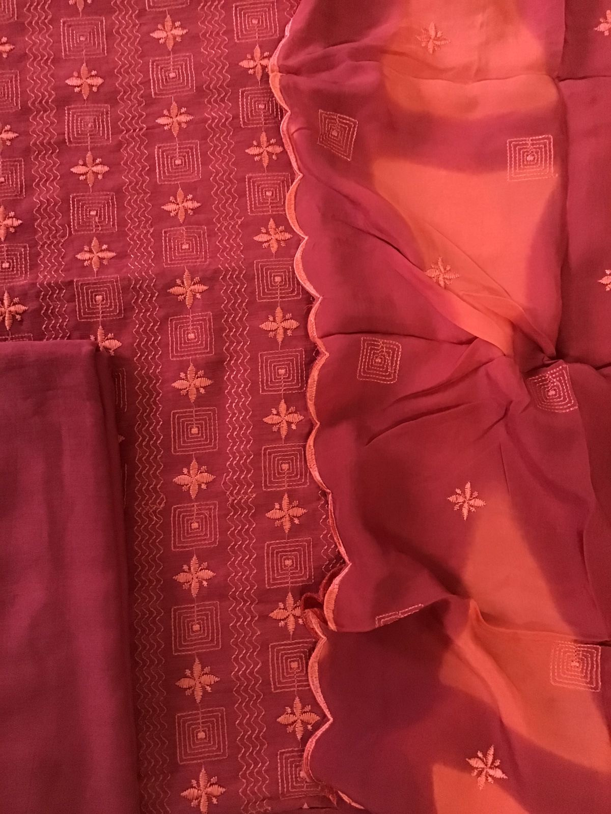 Pure Linen Chanderi Silk Embroidered Suit - Red