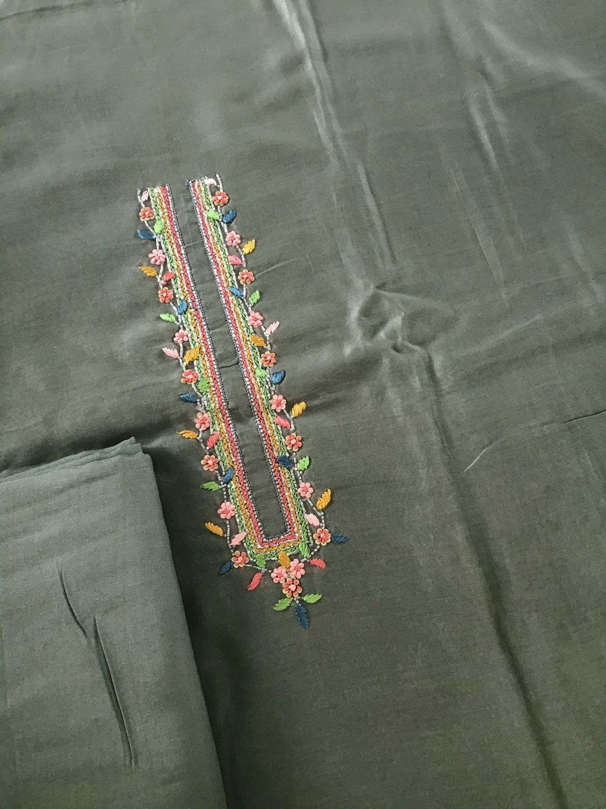 Pure Chanderi Silk Embroidered Suit - Grey