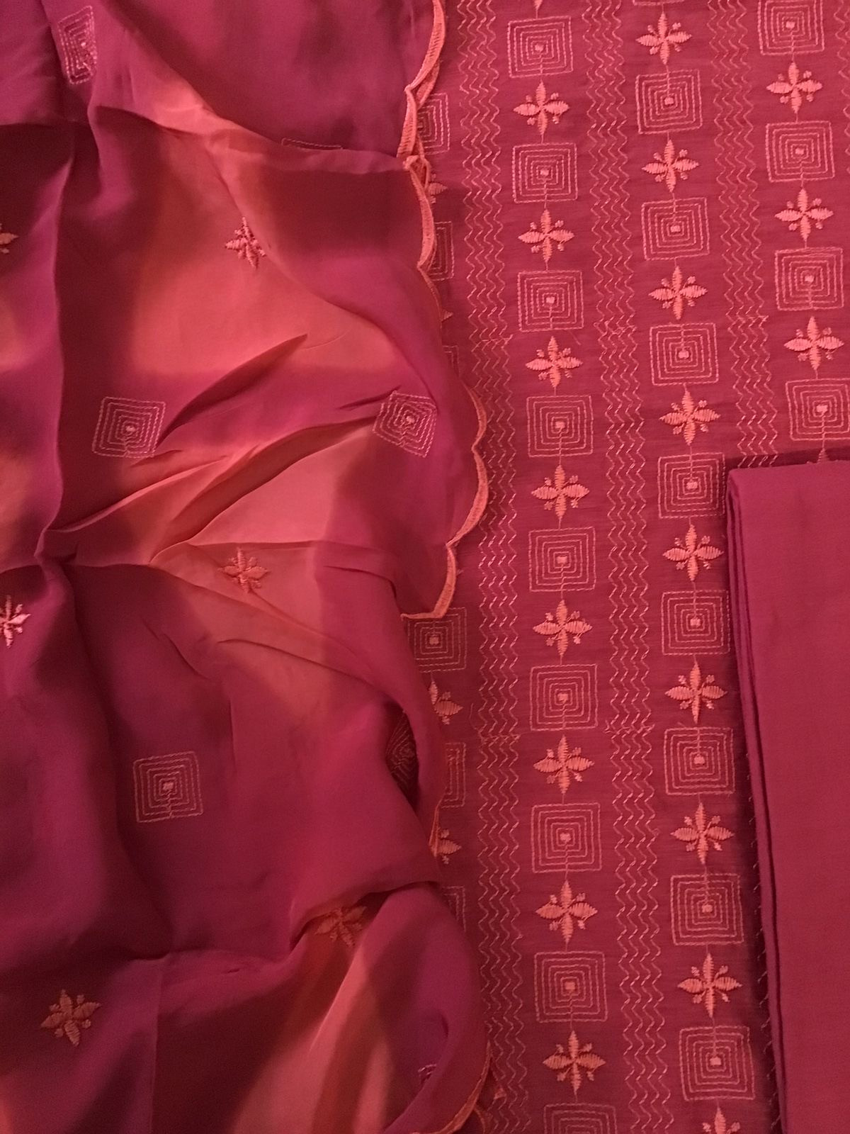 Pure Linen Chanderi Silk Embroidered Suit - Red