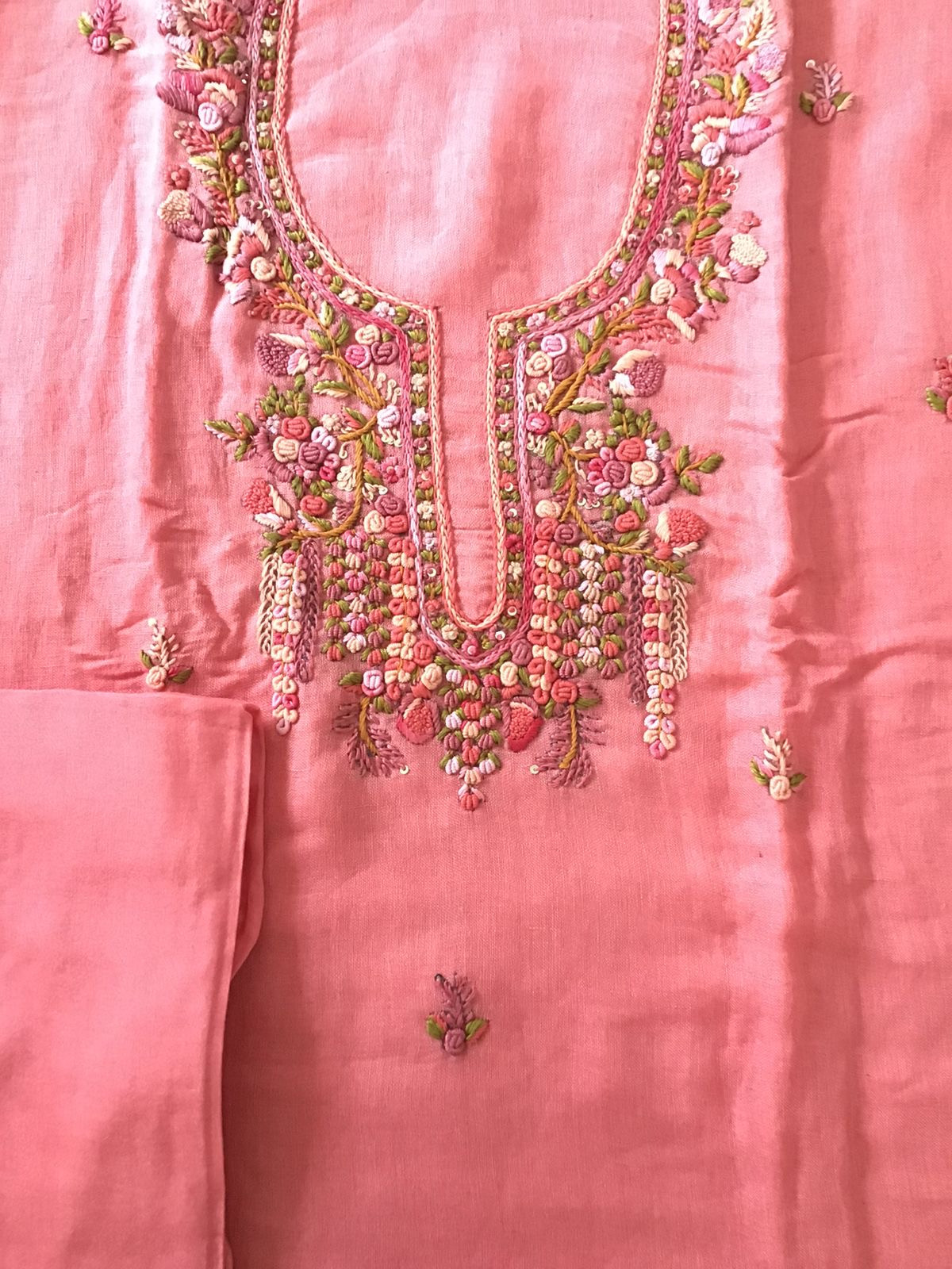 Pure Linen Jute Cotton Embroidered Suit - Pink