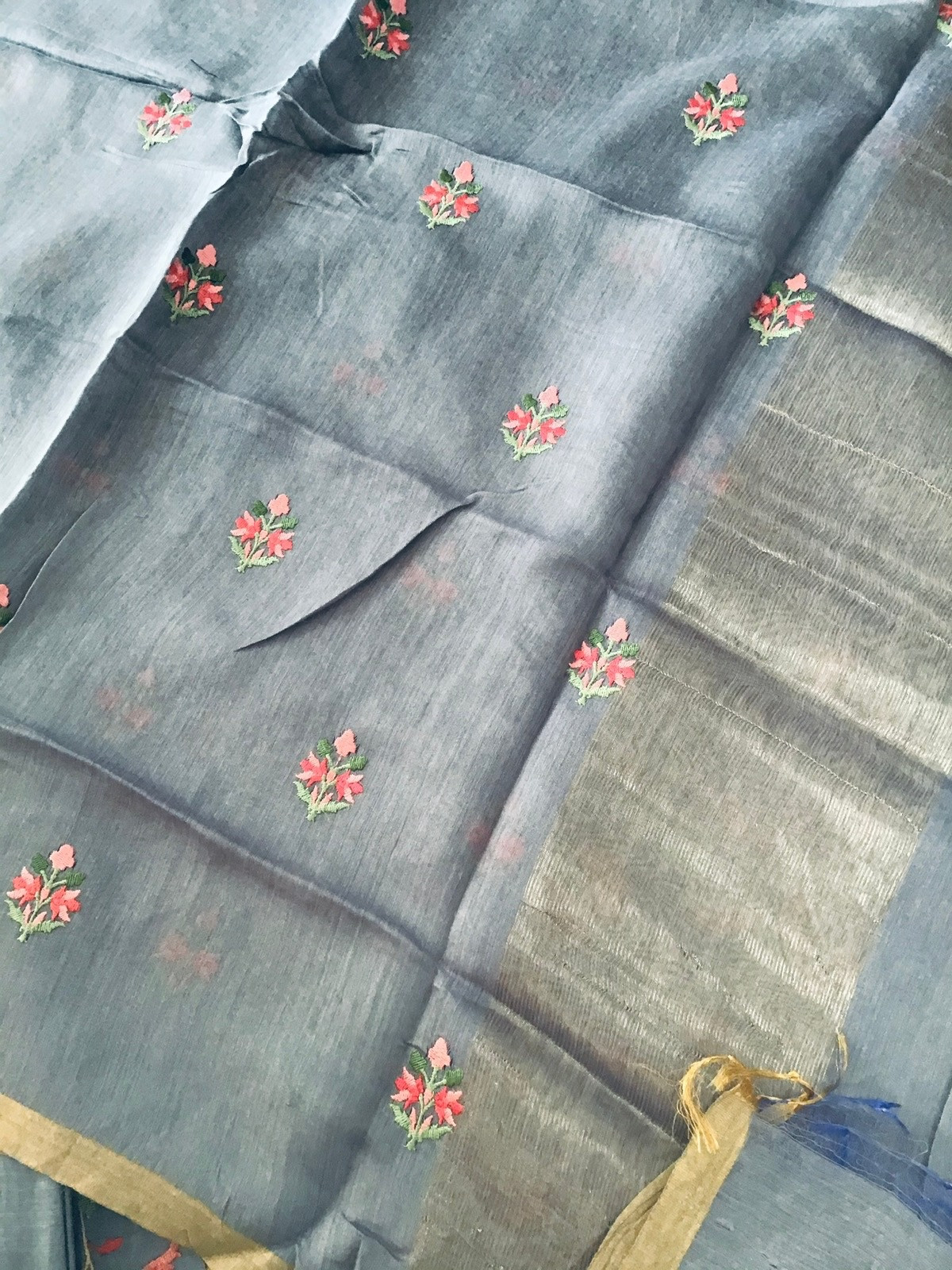Pure Munga Silk Embroidered Suit - Grey