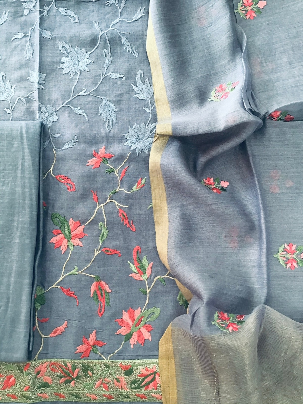 Pure Munga Silk Embroidered Suit - Grey