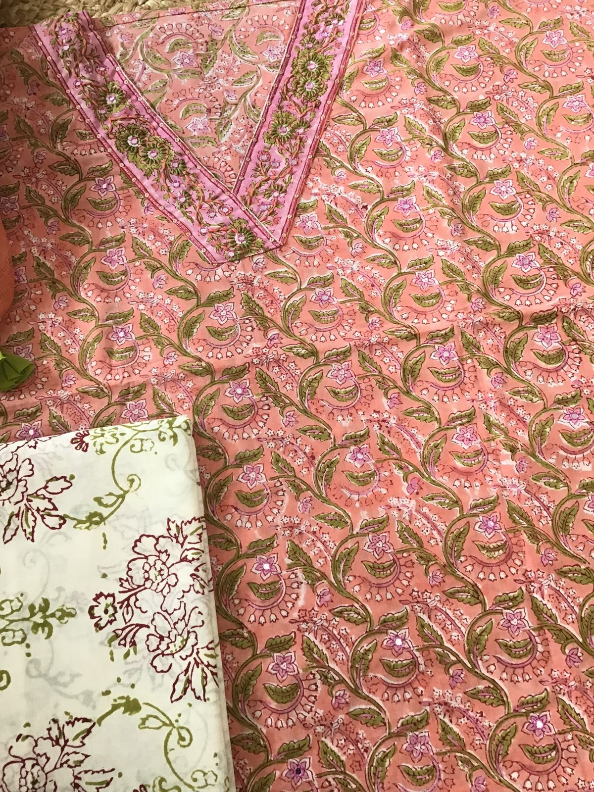 Pure Cotton Printed Embroidered Suit - Peach