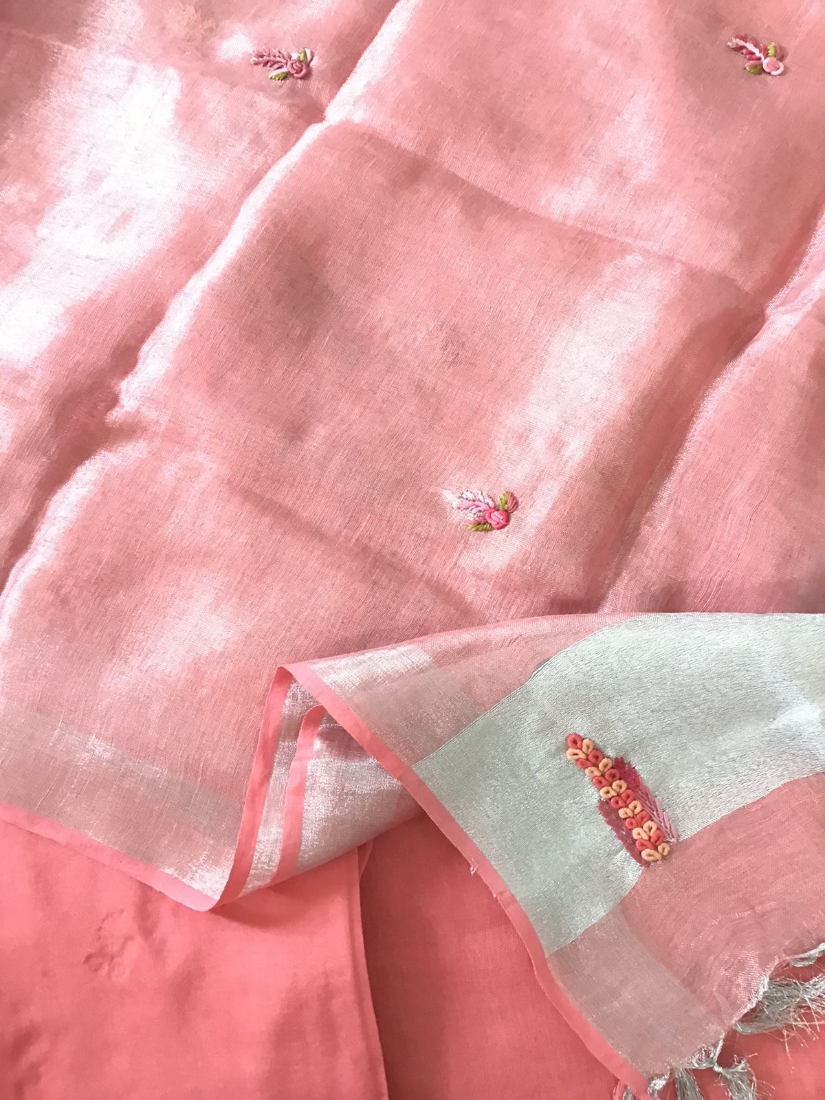 Pure Linen Jute Cotton Embroidered Suit - Pink