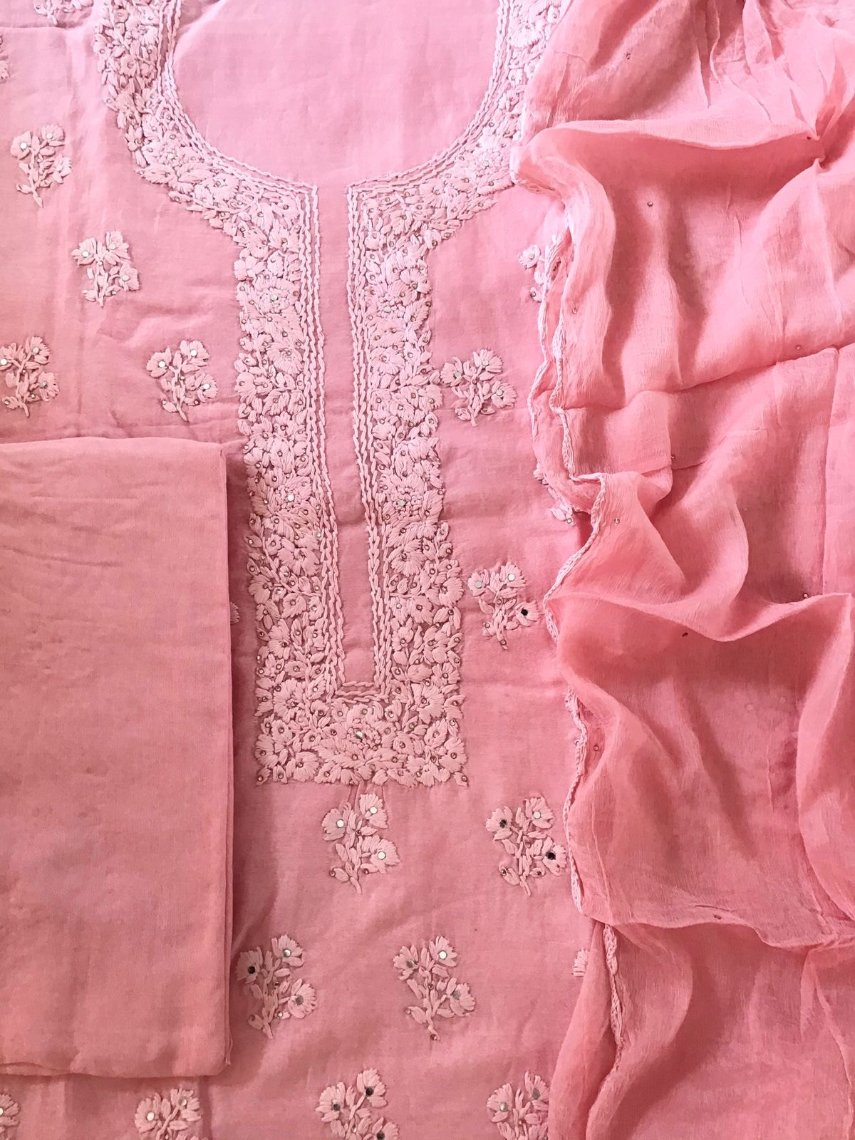 Pure Chanderi Embroidered Suit - Pink