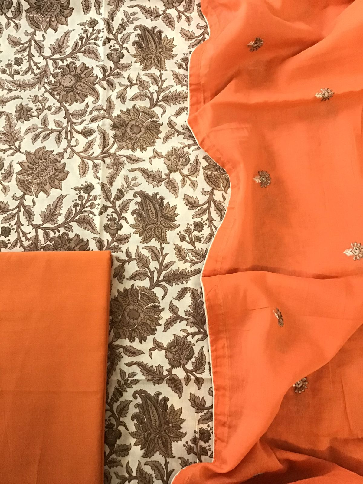 Pure Cotton Printed Embroidered Dupatta Suit - BeigeOrange