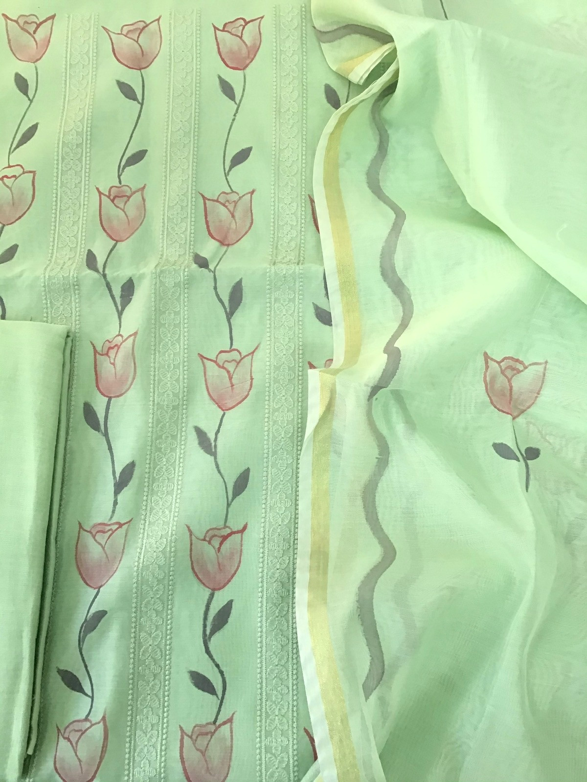 Soft Chanderi Cotton Brush Painted Embroidered Suit - Green