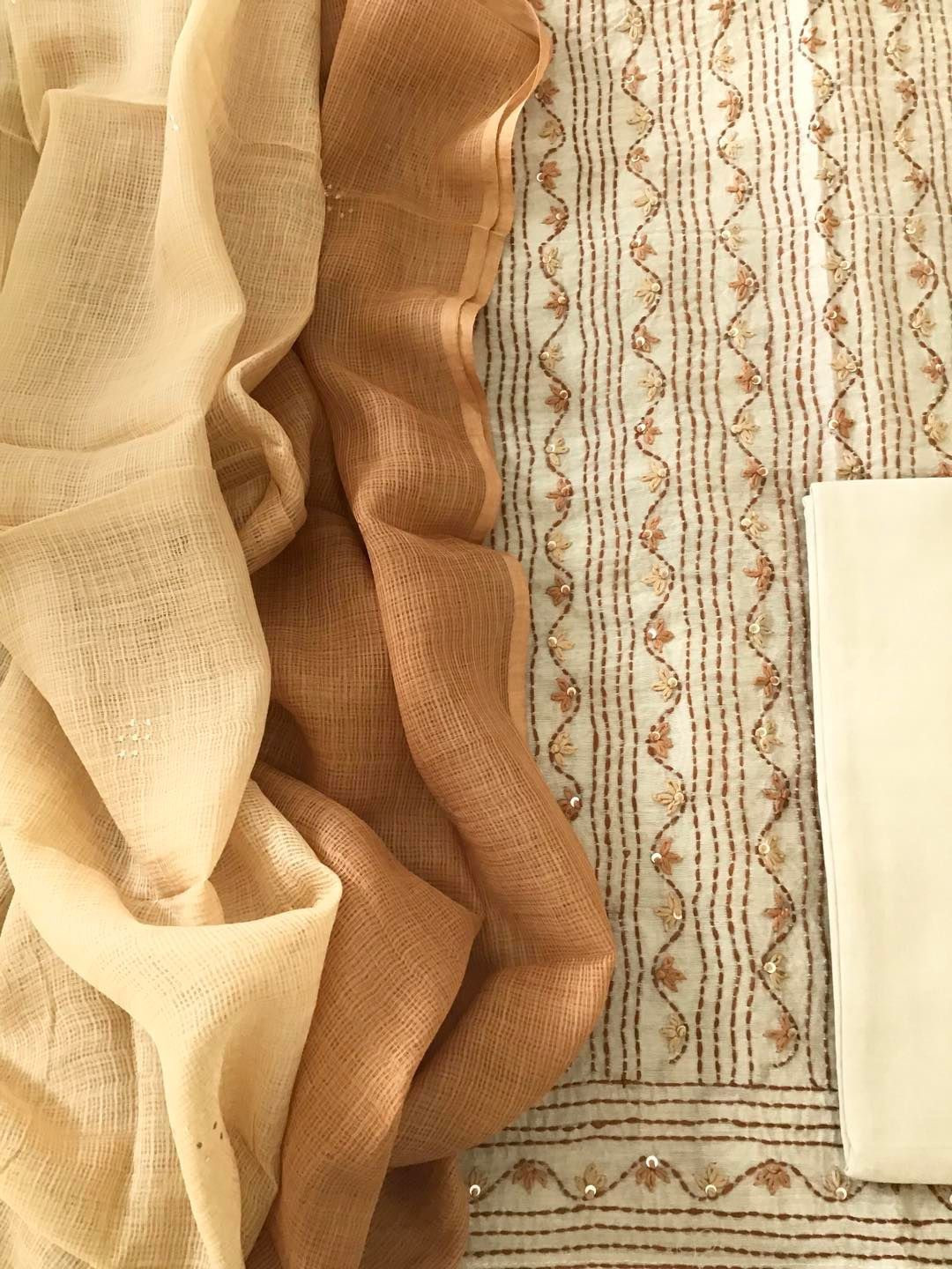 Pure Chanderi Embroidered Suit - Beige