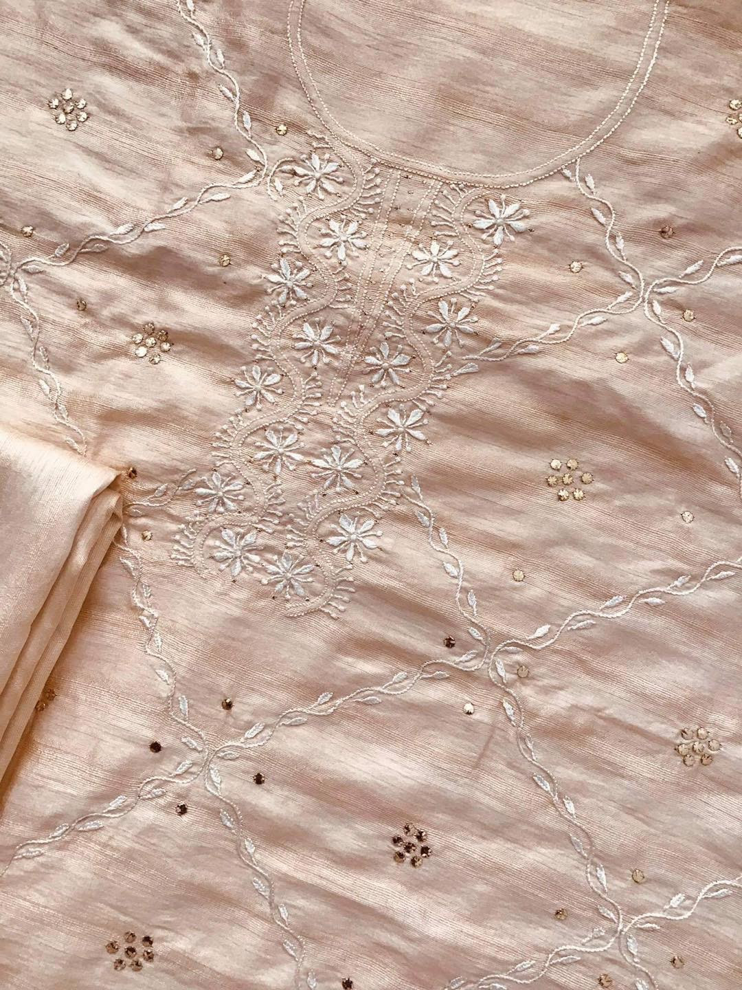 Pure Bhagalpuri Silk Chikankari Embroidered Suit - Peach