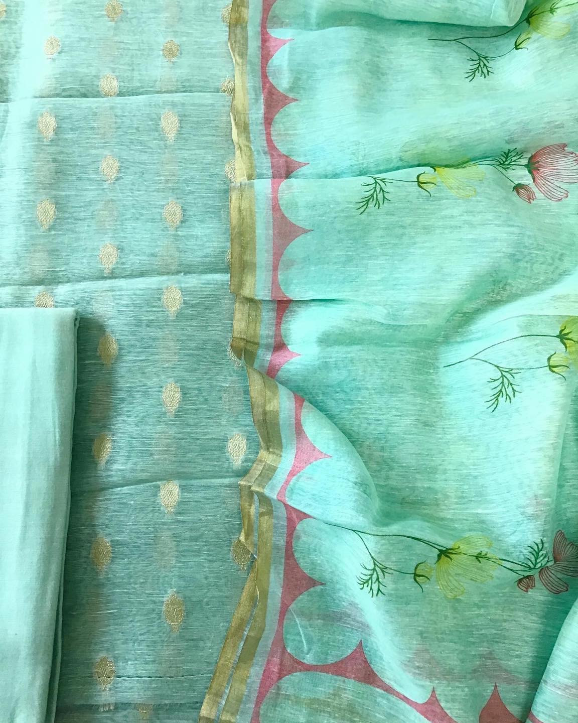 Pure Linen Chanderi Silk Banarasi Weaved Suit - Green