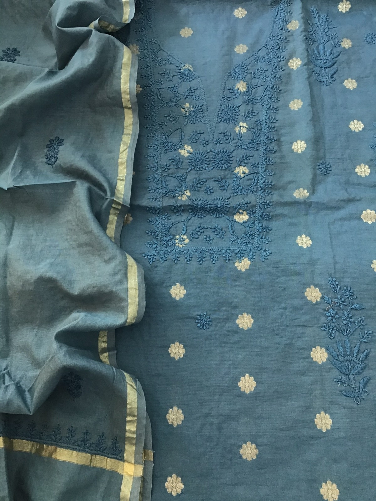 Pure Chanderi Chikankari Embroidered Suit - Blue