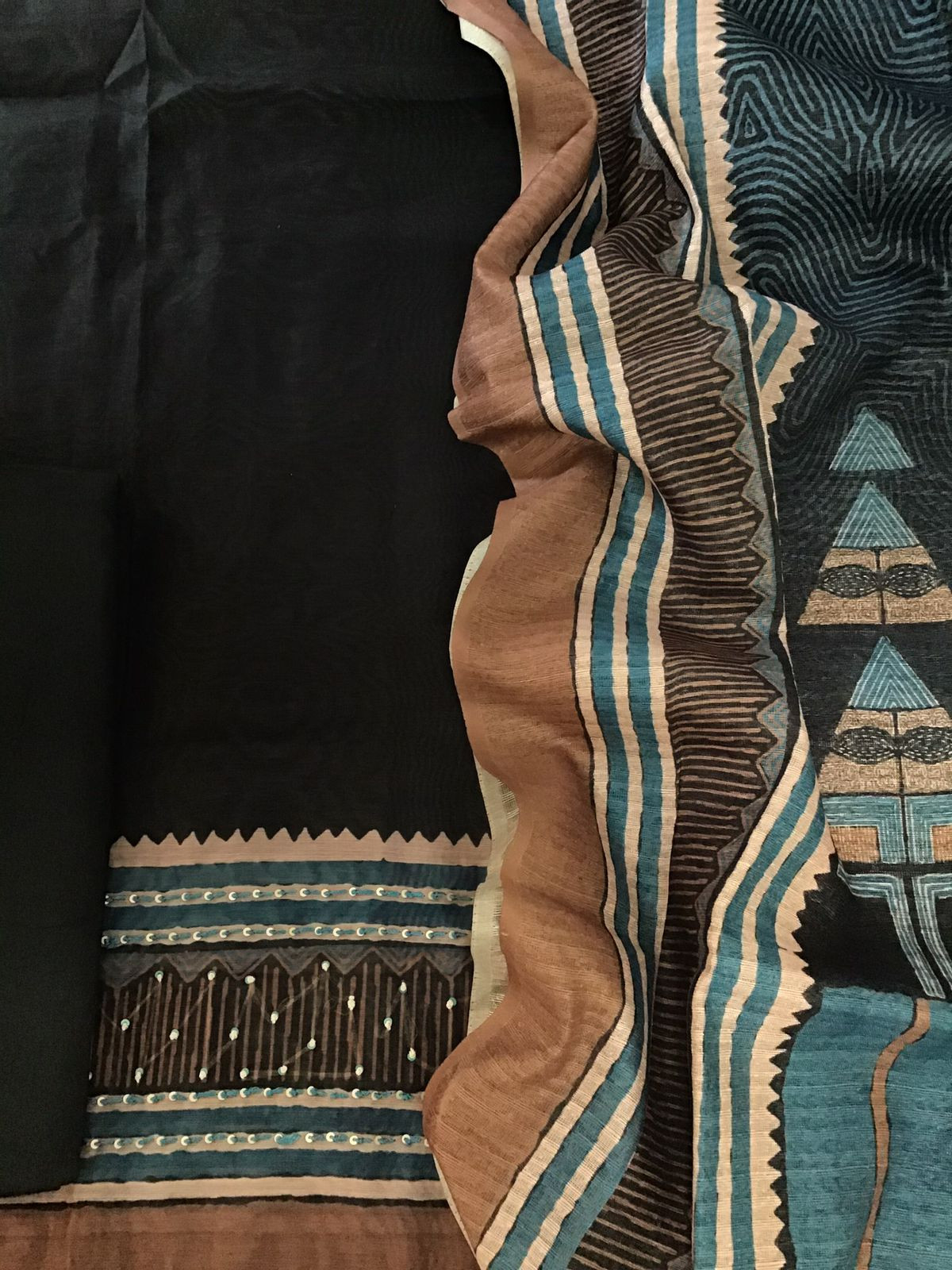 Soft Kora Chanderi Printed Embroidered Suit - Black