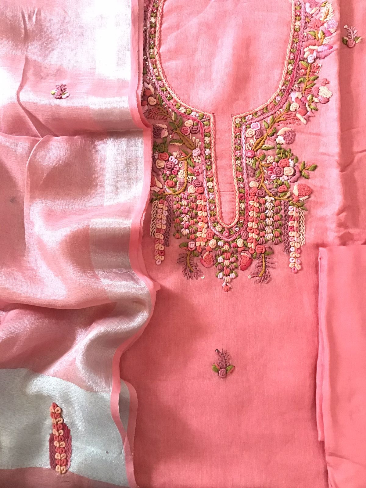 Pure Linen Jute Cotton Embroidered Suit - Pink