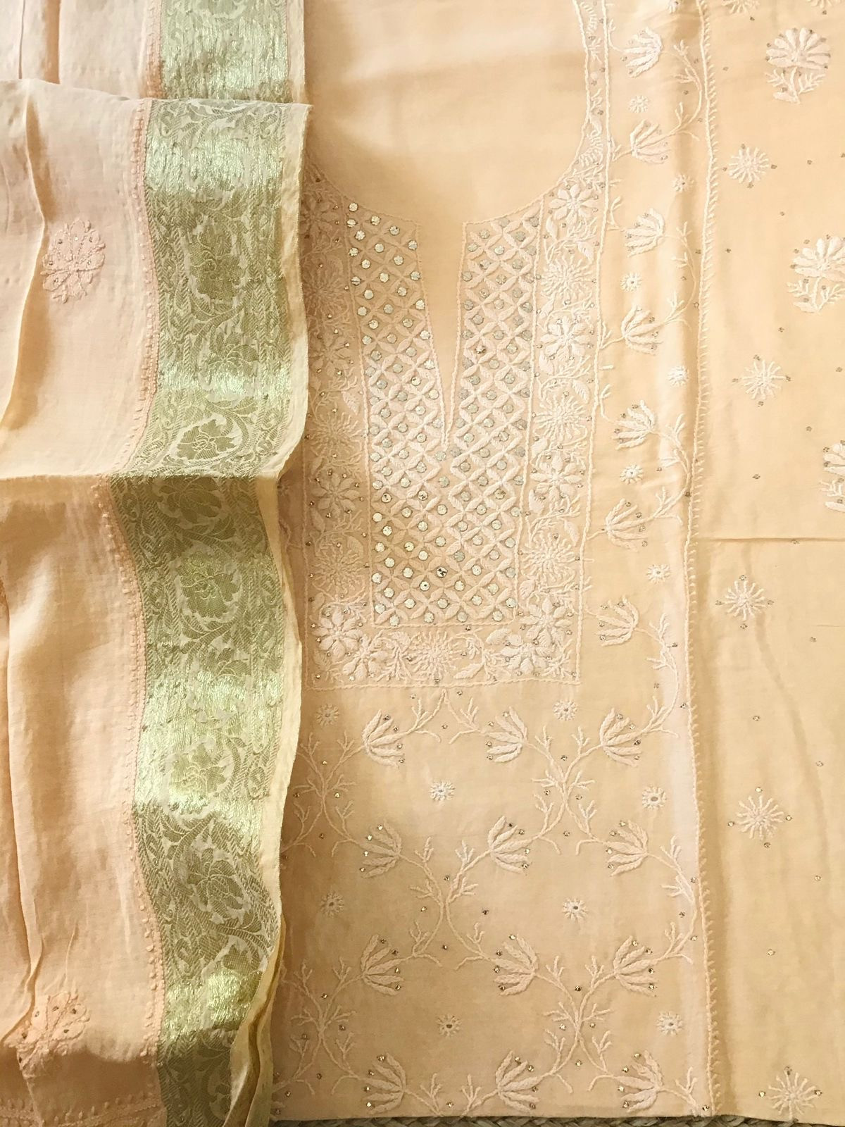 Pure Chanderi Chikankari Embroidered Suit - Light Peach