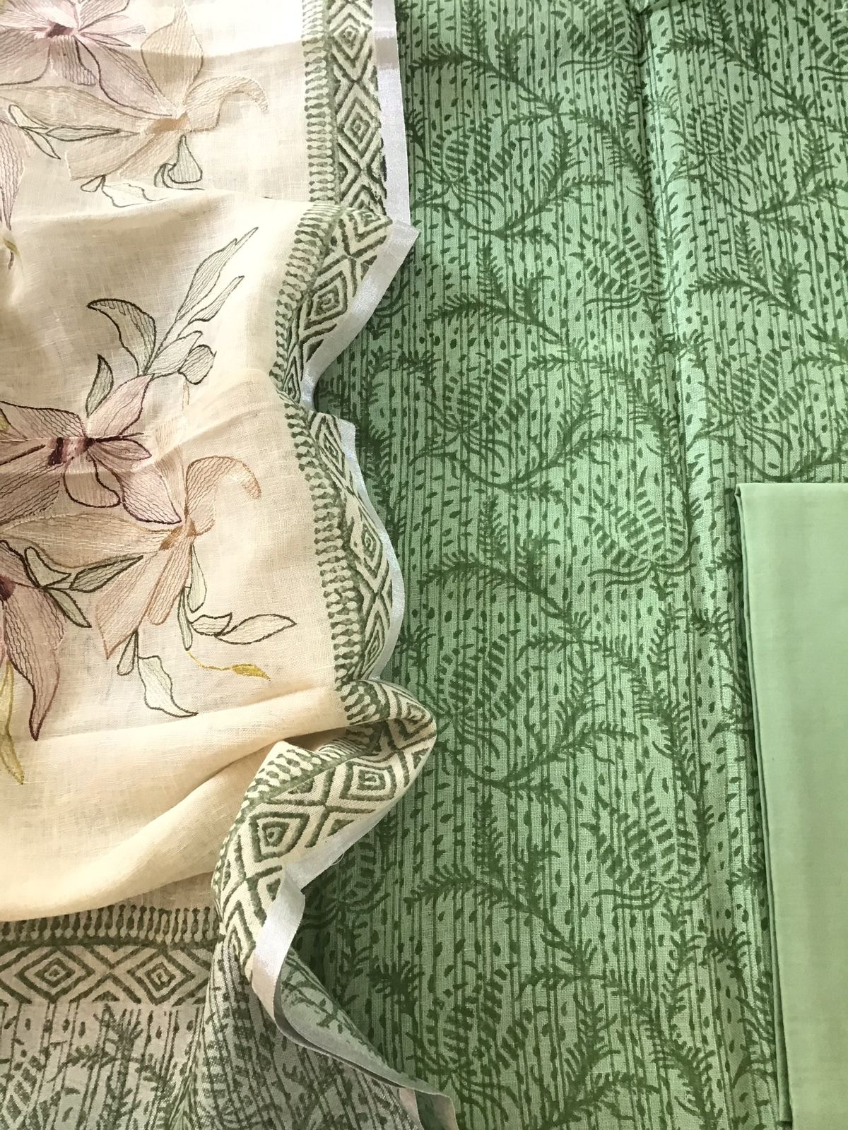 Pure Linen Jute Cotton Printed Embroidered Suit - Green