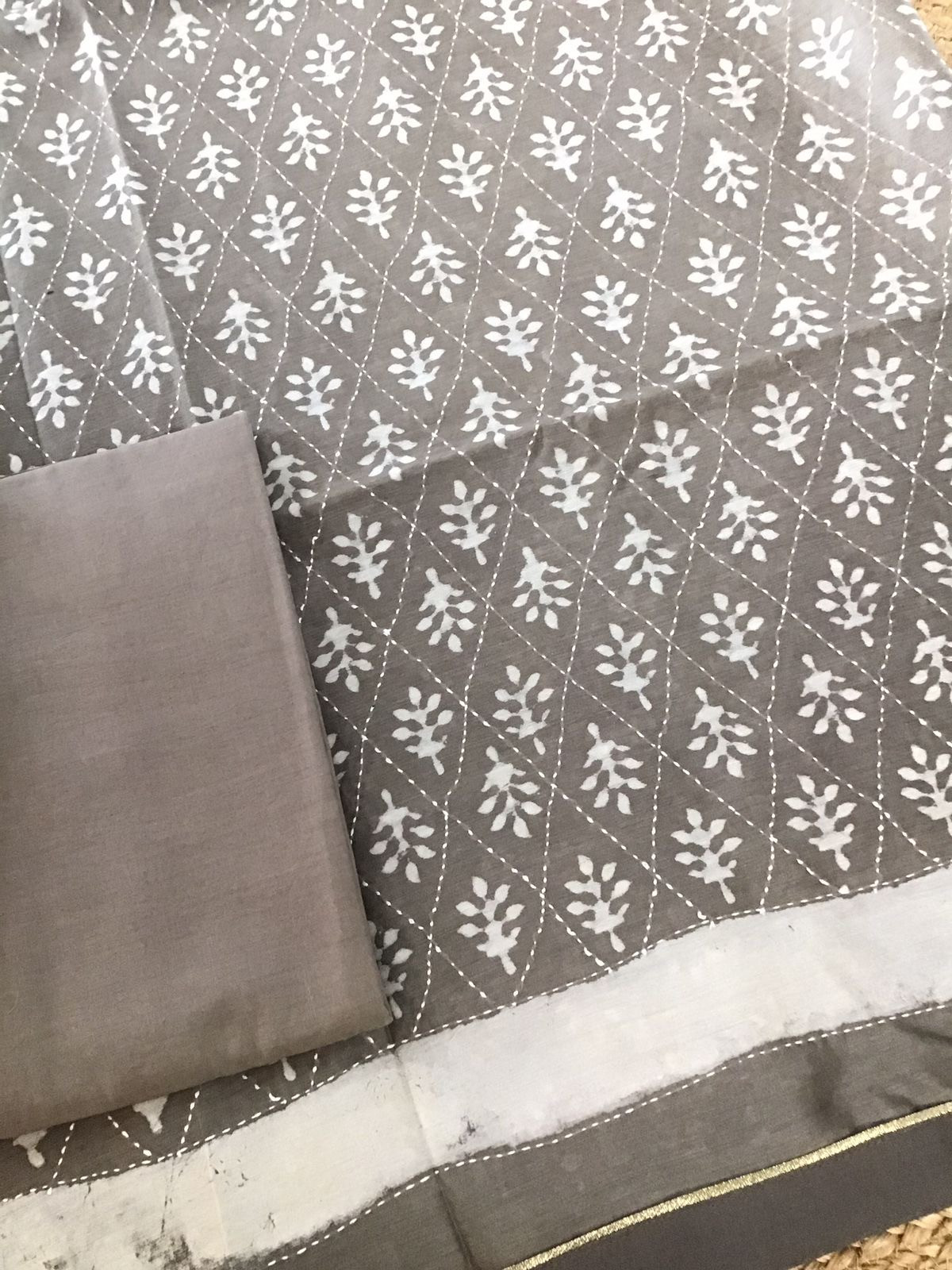 Pure Chanderi Printed Embroidered Suit - Beigish Grey