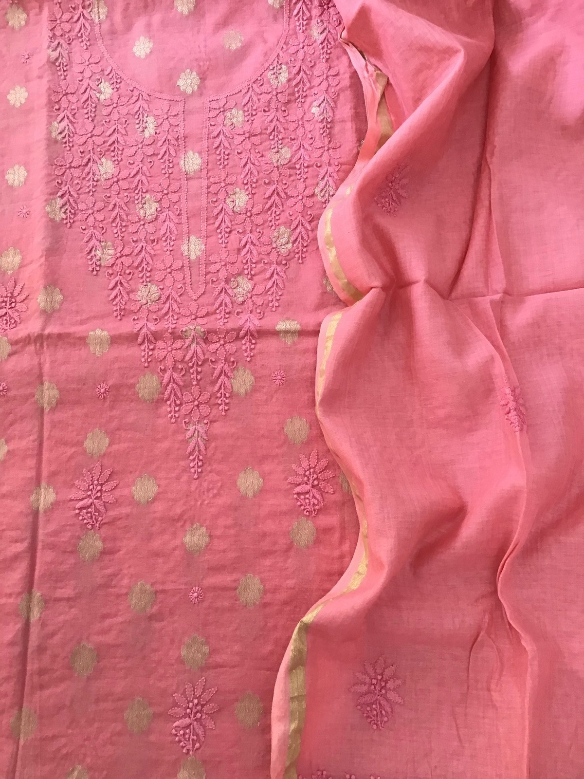 Pure Chanderi Chikankari Embroidered Suit - Light Peach