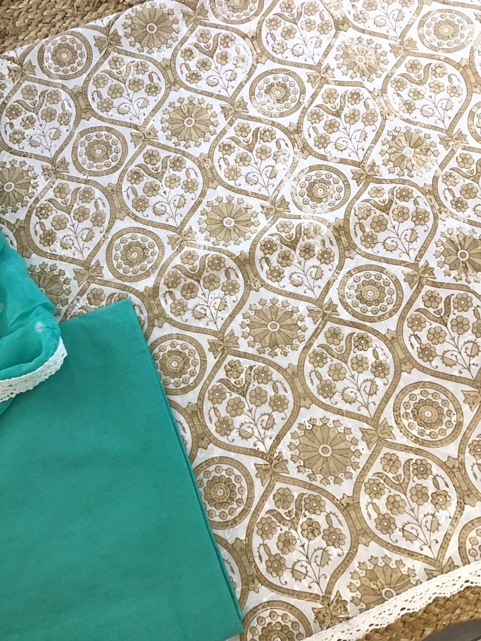 Pure Cotton Printed Embroidered Suit - Beige