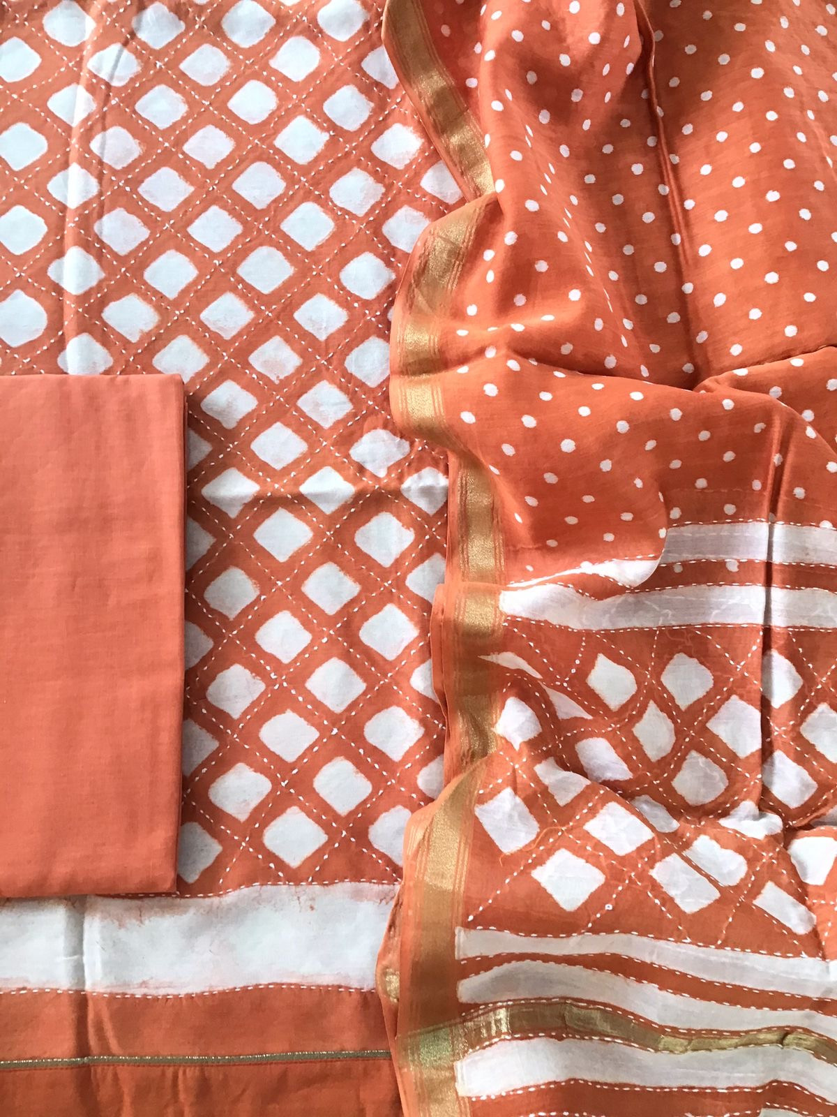 Pure Chanderi Printed Embroidered Suit - Orange