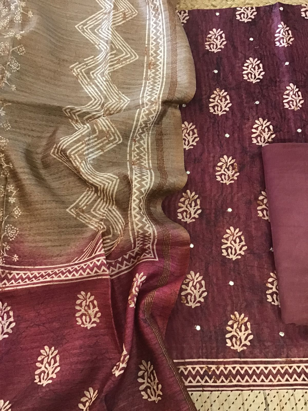 Soft Kora Chanderi Printed Embroidered Suit - Wine
