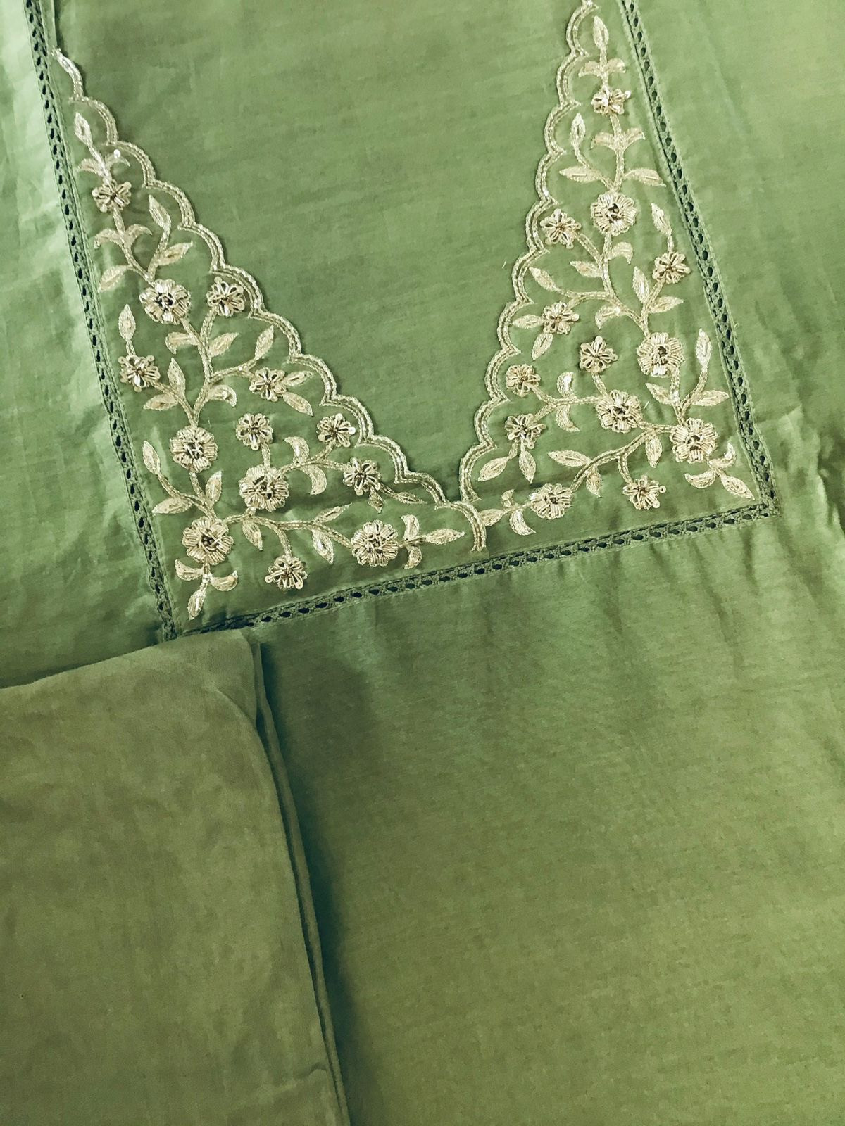 Pure Chanderi Embroidered Suit - Green
